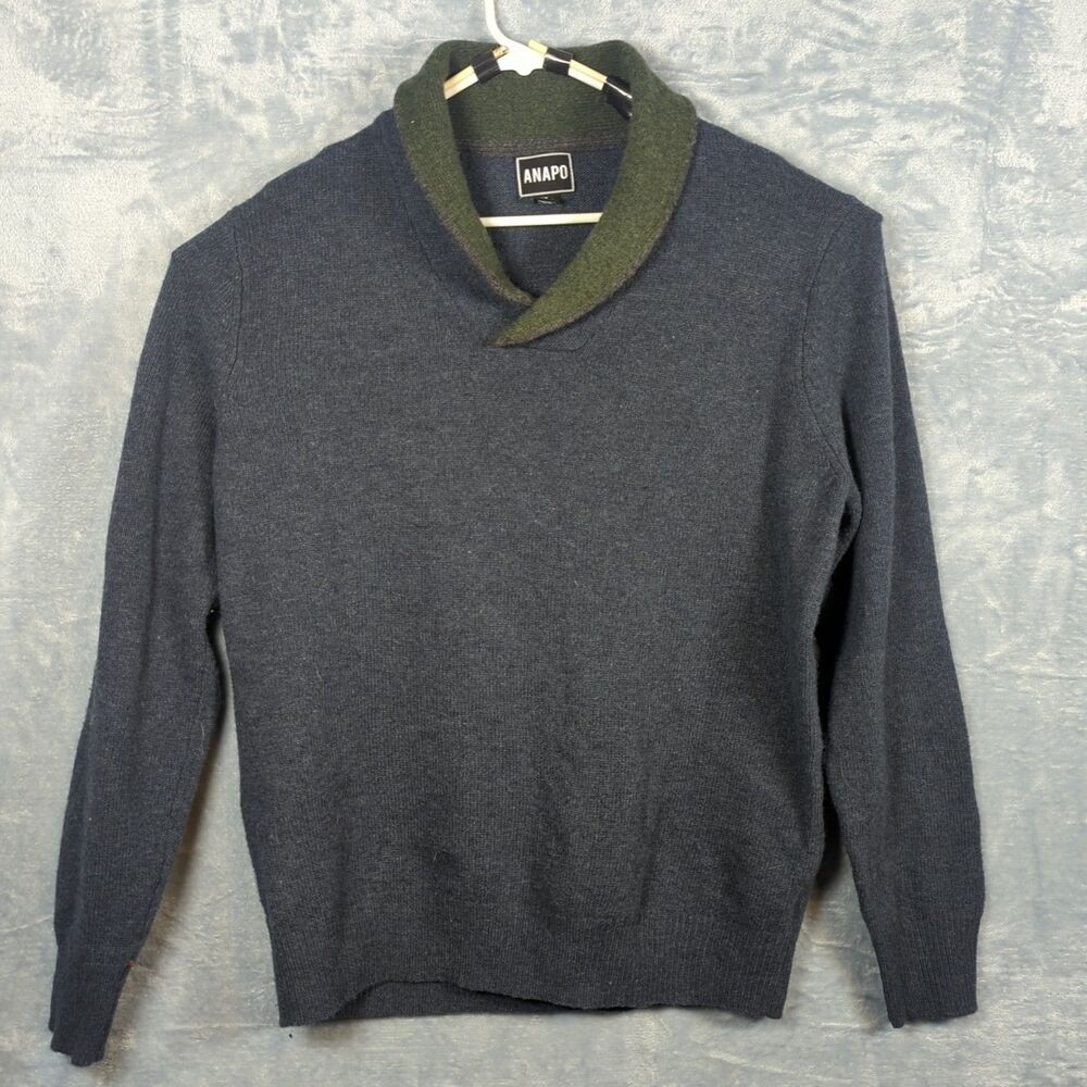Men's Blue Lambswool Shawl Collar Long Sleeve Pullover Sweater Size XL ANAPO